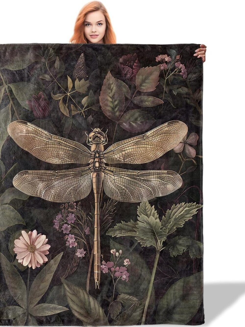 Vintage Dragonfly Botanical Blanket, Lightweight Soft Fleece Blankets Gifts for
